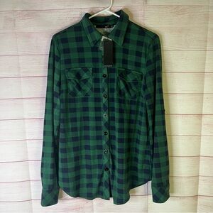DJT NEW Blue Green Long Sleeve Plain Flannel Button‎ Donw Shirt Size Large